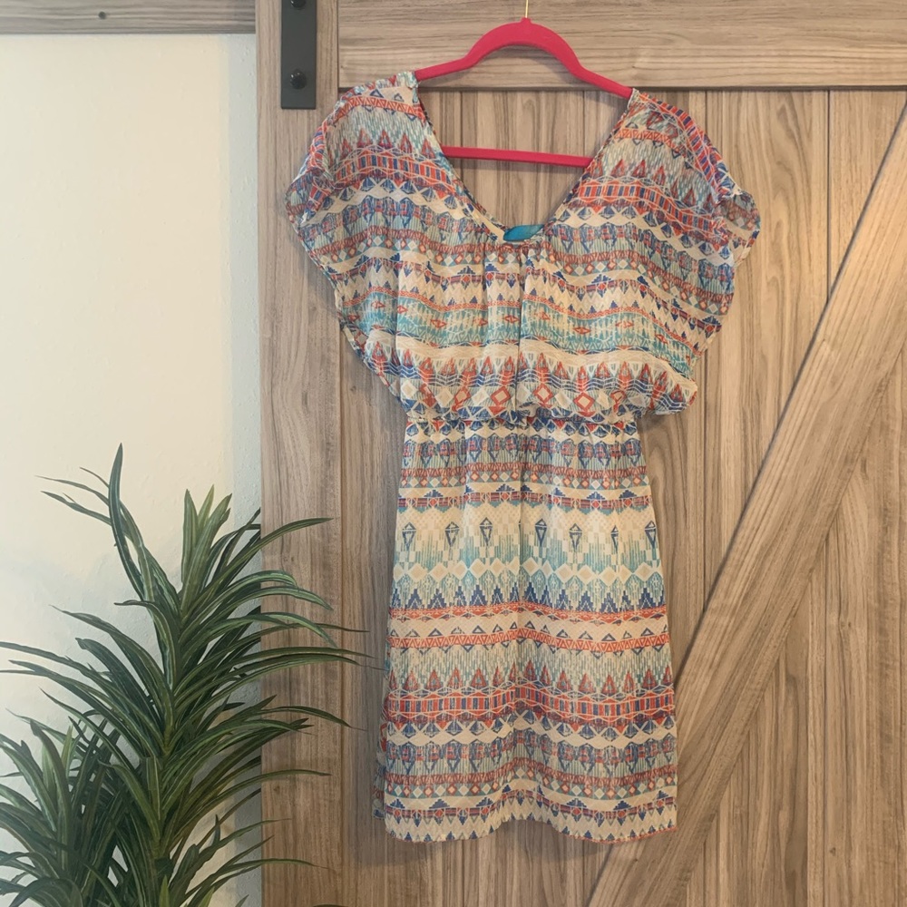 Aztec print cinch flows dress